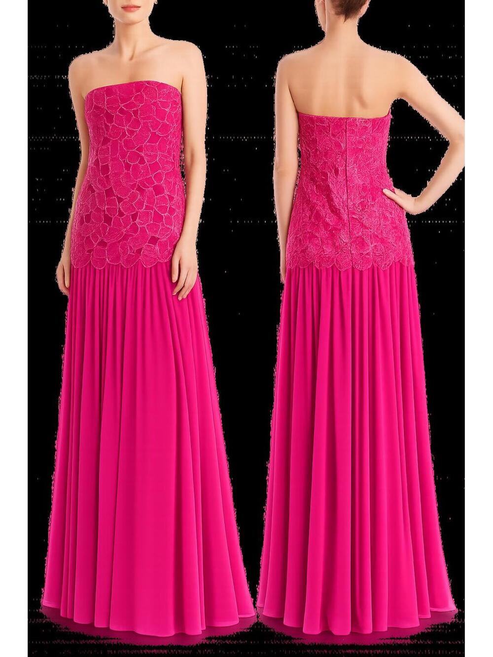 Badgley Mischka Hot Pink Lace Appliqué Strapless Gown Elegant Pleated sz 4